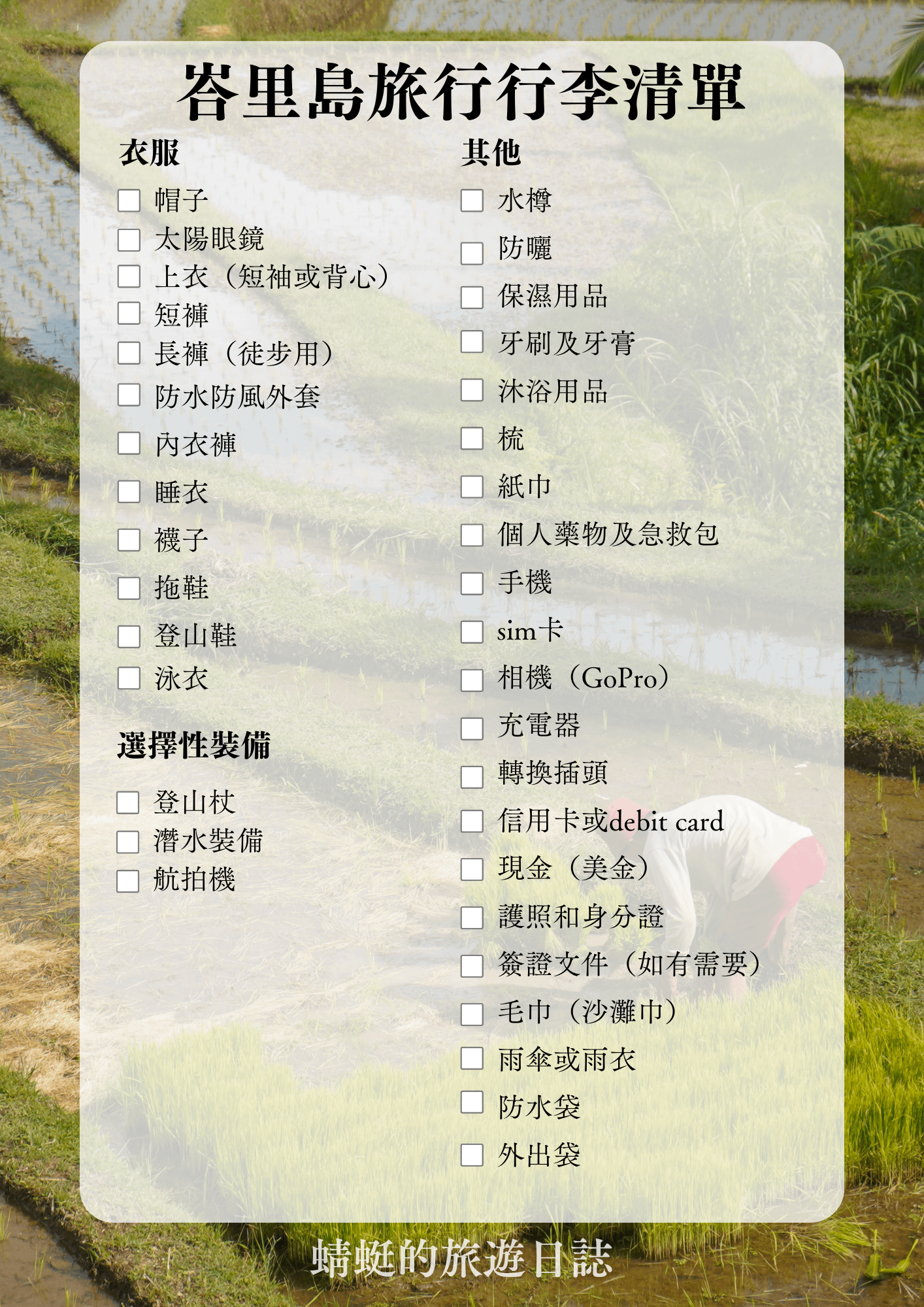 峇里島旅行行李清單
