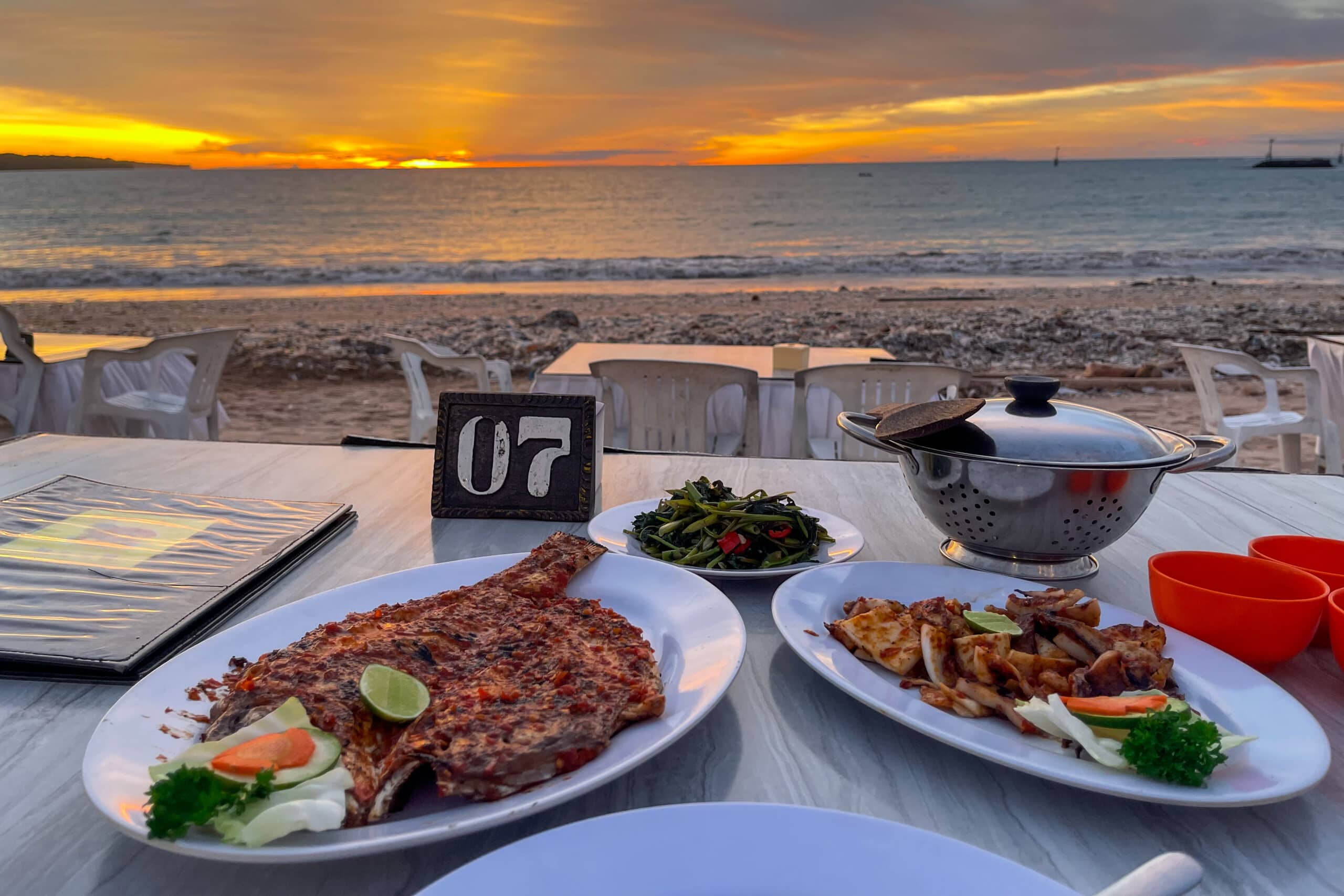 Seminyak beach seafood dinner